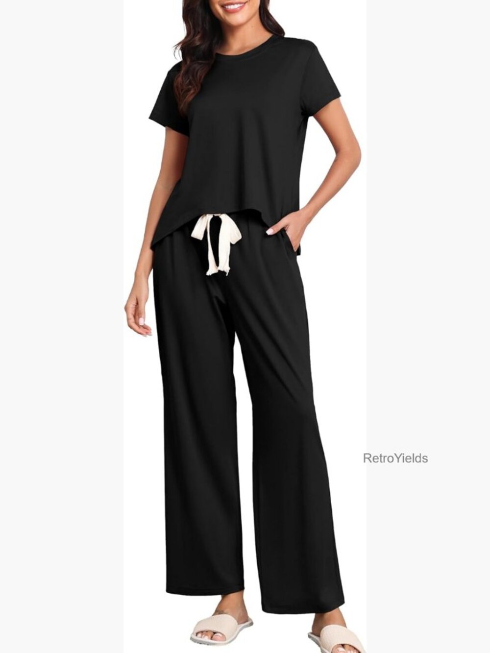 2 Piece Pajama Set Short Sleeve Top with Long Pants Soft Lounge Sleepwear Pjs